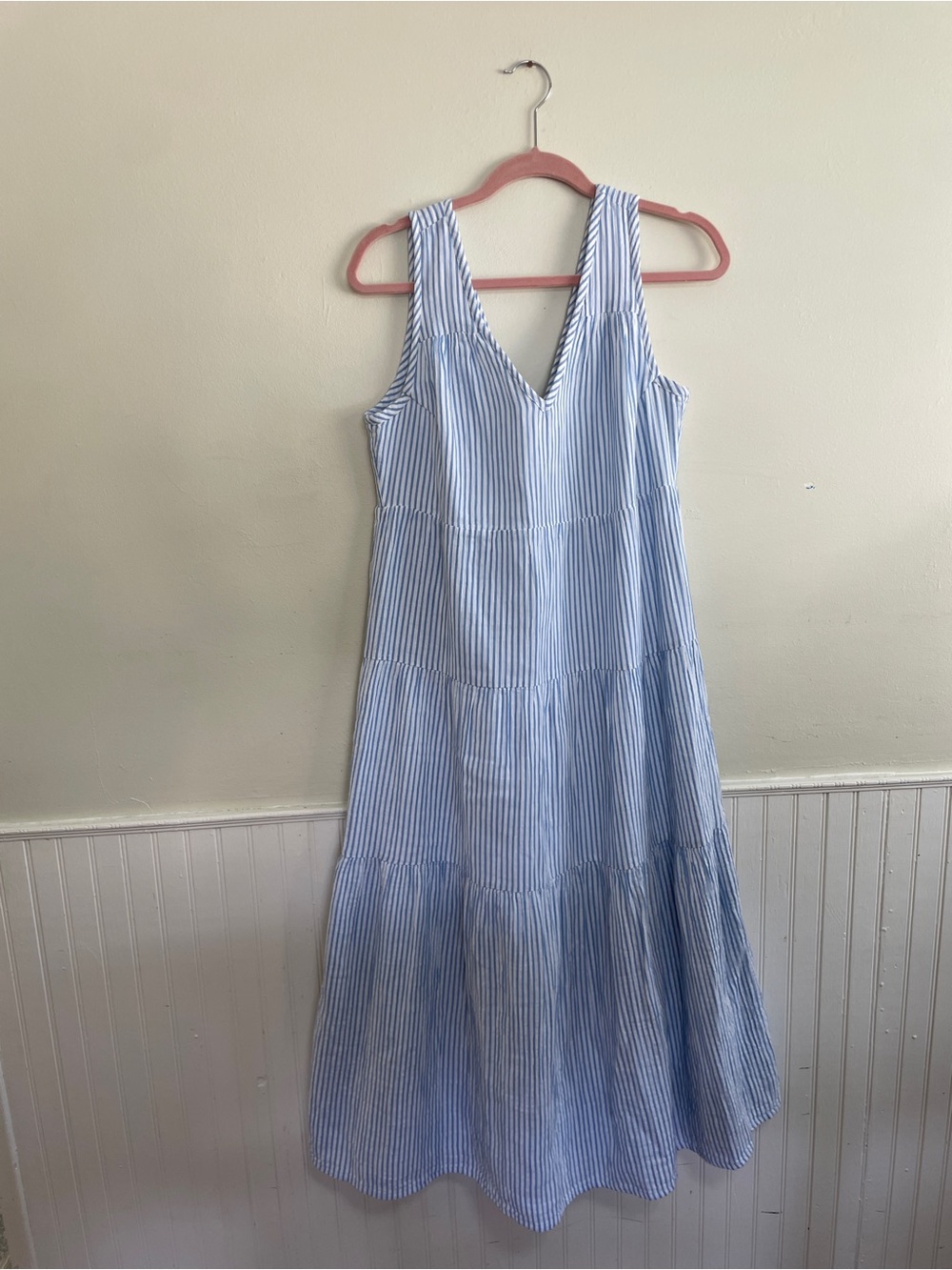 Quince Light Blue and White Striped V-Neck Tiered Maxi Dress
